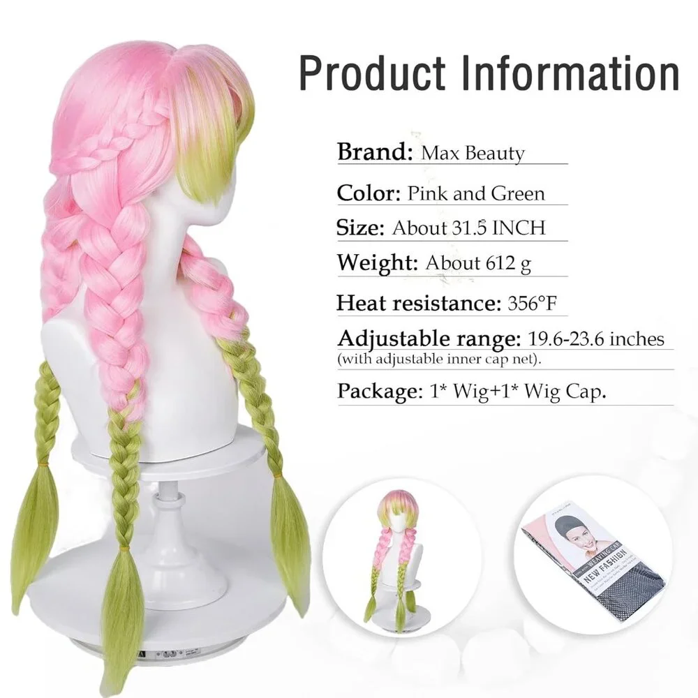 ✨ Women's Max Beauty Anime Pink and Green Wigs Cosplay Braided Hairs Pigtails - Picture 3 of 9